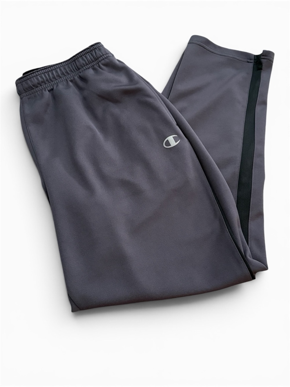 Champion Dark Gray Track Pants with Black Side Mesh Stripe, Men’s size large